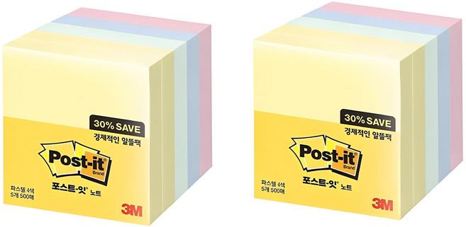 쓰리엠 포스트잇 노트 알뜰팩 654-5A, 혼합색상, 500개입, 2개