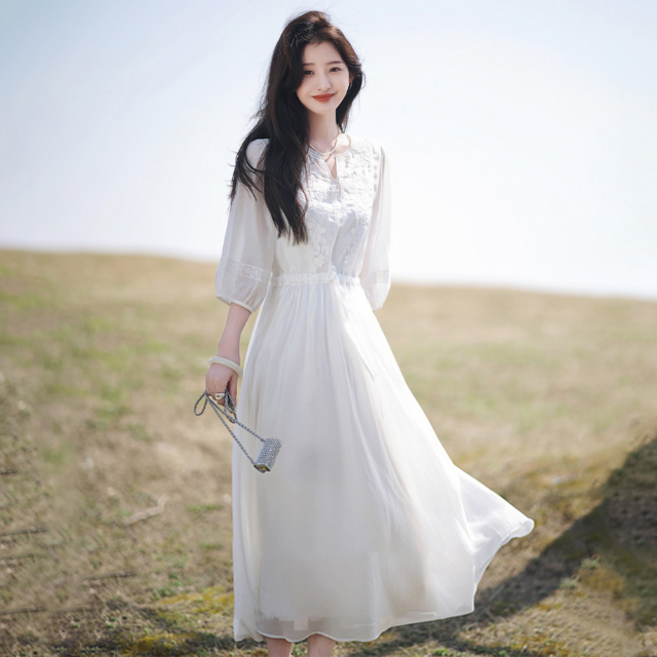 LUNA GIRL 女款花朵刺繡連身裙 L25SMOPS031205, 白色