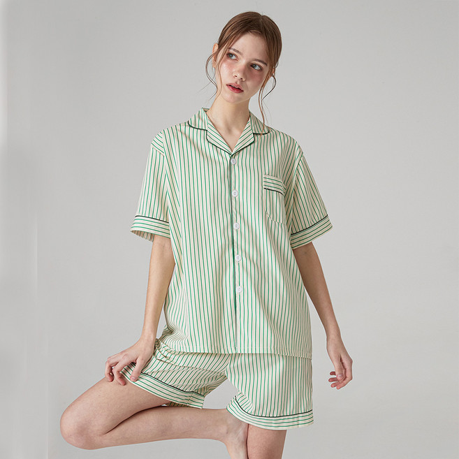 DOSSY 情侶款絲質合歡短袖翻領睡衣上下套裝 D-3638