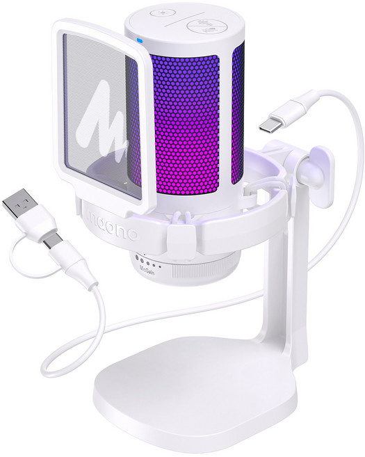 마오노 원터치 노이즈캔슬링 USB 콘덴서 방송용 녹음용 게이밍 마이크, 화이트, DGM20, 화이트