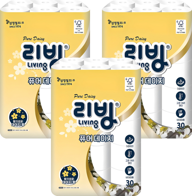 리빙티슈 퓨어 데이지 3겹 고급롤화장지, 30m, 30개입, 3개