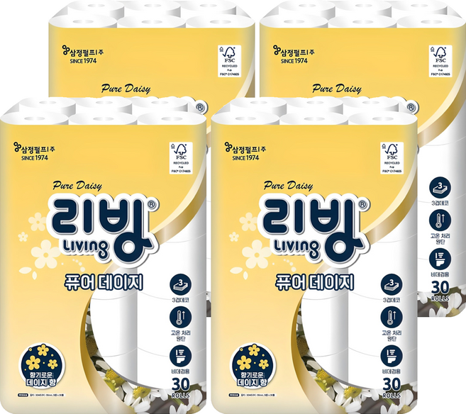 리빙티슈 퓨어 데이지 3겹 고급롤화장지, 30m, 30개입, 4개