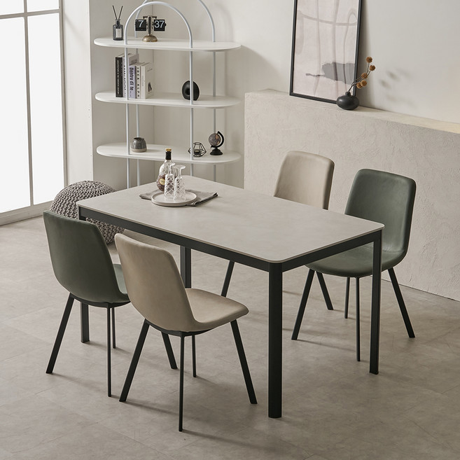 보니애가구 에븐 세라믹 1300 식탁세트 4인용 방문설치, 테이블(아티쿠스그레이+블랙), 의자(루트베이지+ 퍼니그린), 일반의자 4