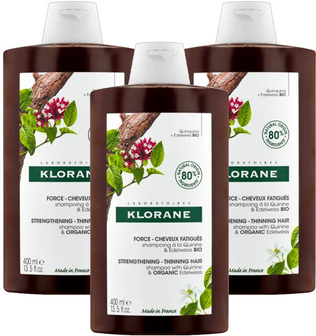 KLORANE 蔻蘿蘭 養髮洗髮精 專為脆弱髮頭設計 富含奎寧和複合維他命B 活絡頭皮、強健髮根, 400ml, 3瓶