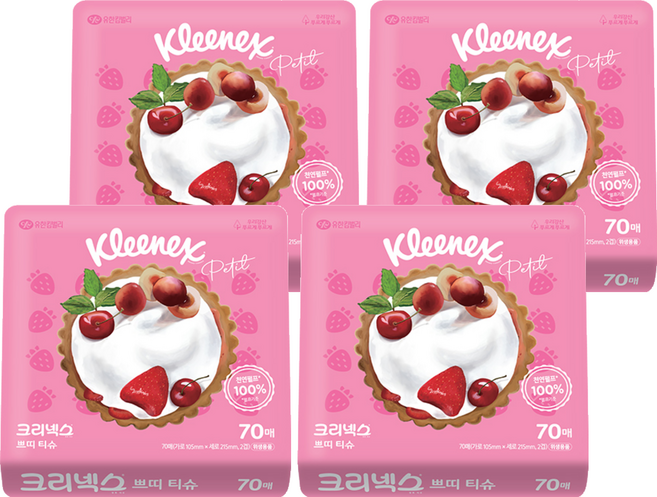 크리넥스 휴대용 천연펄프 쁘띠티슈 2겹 랜덤발송, 70매, 4개