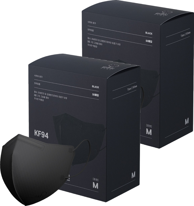 맘편히마스크 새부리형 마스크 중형 KF94 5매입 포장, 50개입, 2개, 블랙