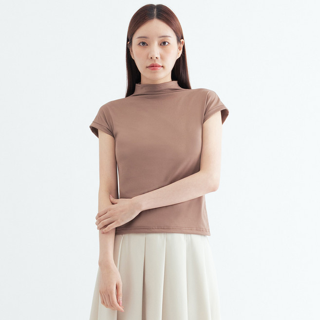 엘쏘 여성용 하프 터틀넥 슬림핏 반팔 티셔츠