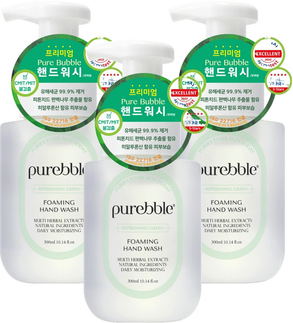 퓨어블 프리미엄 포밍 핸드워시 청량한 그린 편백향 본품, 3개, 300ml
