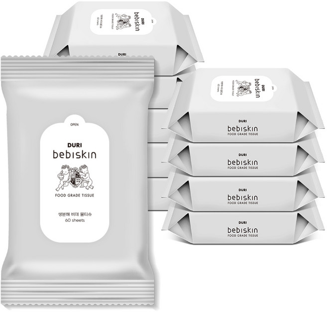 두리 베비스킨 생분해 비데 물티슈 리필형, 63g, 60개입, 10개