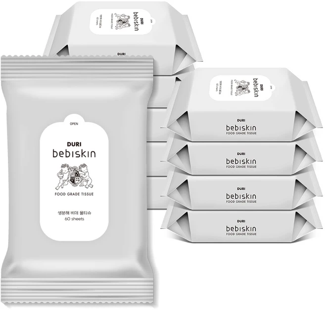 두리 베비스킨 생분해 비데 물티슈 리필형, 63g, 60개입, 10개 - 쿠팡