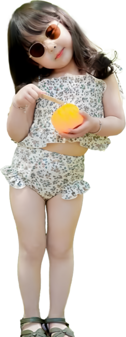 女寶碎花綁帶短袖分體泳衣組+泳帽