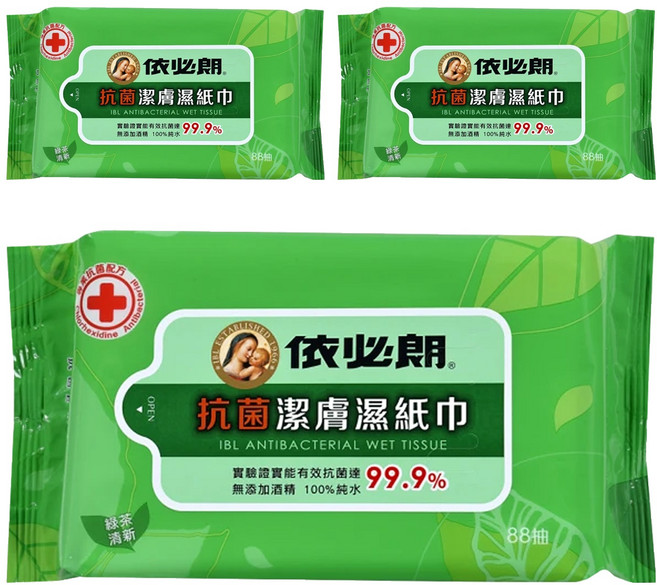 依必朗 抗菌超柔潔膚濕紙巾 綠茶清新, 88張, 3包