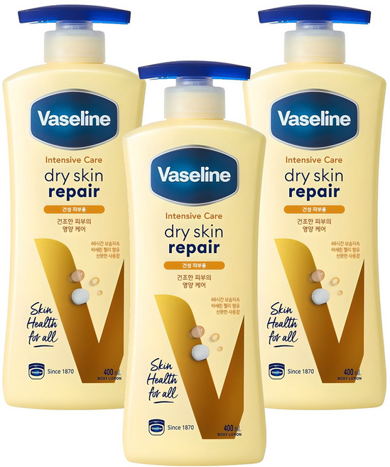 바세린 인텐시브 케어 드라이 스킨 리페어 바디로션, 400ml, 3개