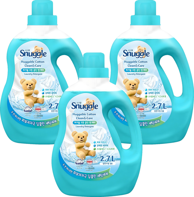 스너글 허거블 코튼 클린 앤 케어 액체 세탁세제 본품, 2.7L, 1개입, 3개