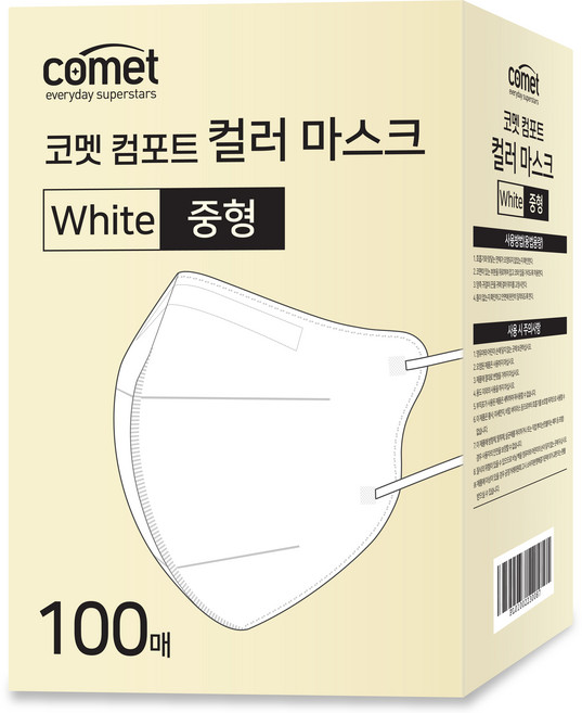 코멧 컴포트 컬러 마스크 새부리형 중형 (레귤러핏), 100개입, 1개, 화이트