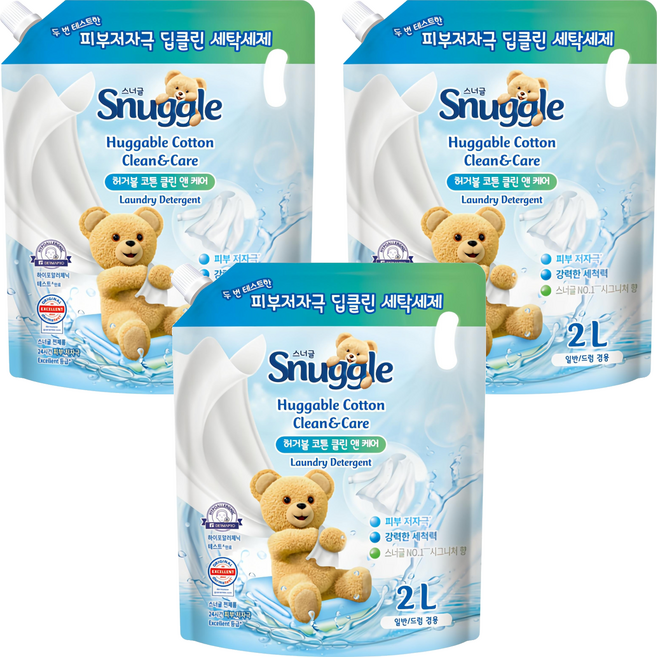 스너글 클린 앤 케어 허거블 액상세제 코튼향 리필, 2L, 1개입, 3개