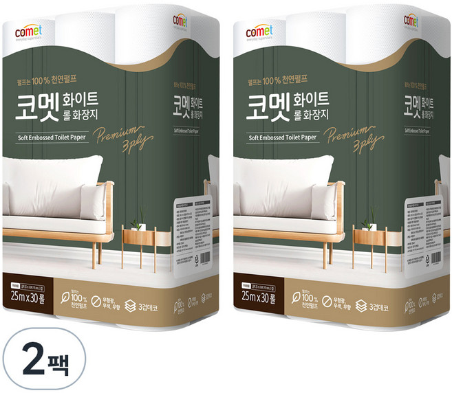 코멧 화이트 천연펄프 3겹 25m, 30개입, 2개
