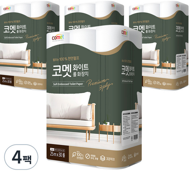 코멧 화이트 천연펄프 3겹 25m, 30개입, 4개
