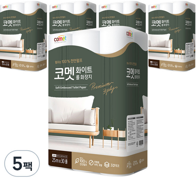 코멧 화이트 천연펄프 3겹 25m, 30개입, 5개