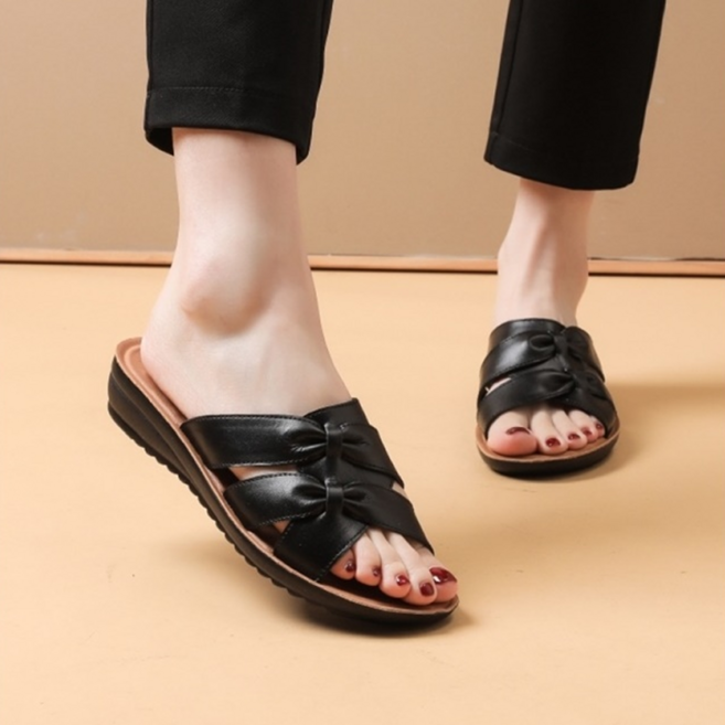 SIKETU 頭層牛皮女士防滑室外拖鞋 LS23, 黑色, 1雙