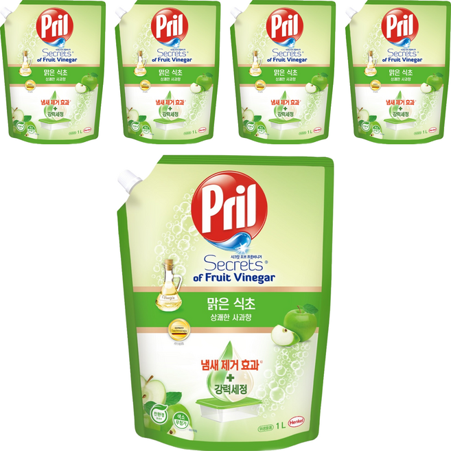 프릴 시크릿 오브 맑은식초 상쾌한 사과향 주방세제 파우치, 1L, 5개