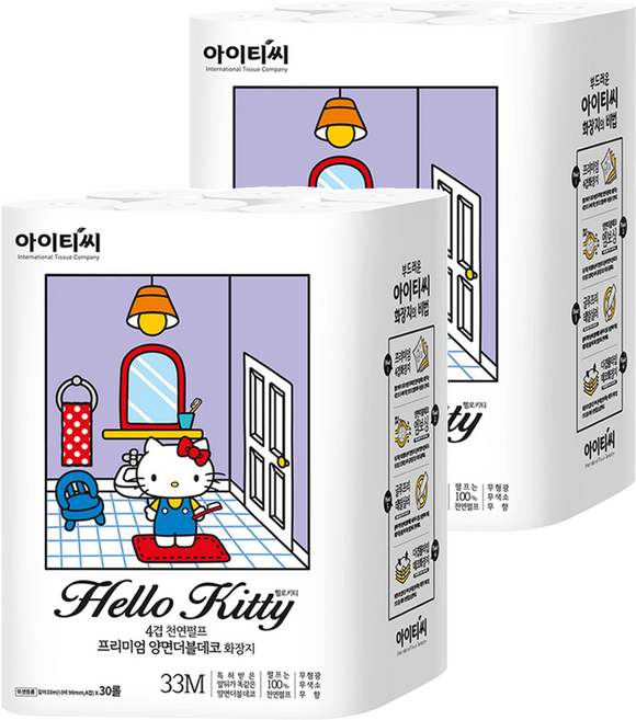 ITC 헬로키티 4겹 천연펄프 프리미엄 양면더블데코 고급롤화장지, 33m, 30개입, 2개
