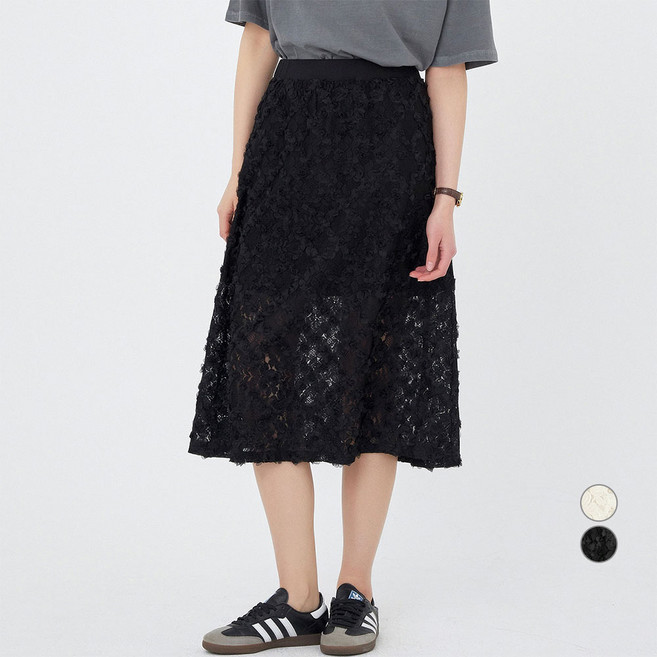 ELLE PARIS 여성용 레이스 밴딩 롱 스커트