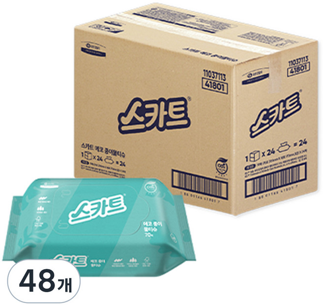 스카트 에코 종이 물티슈 리필형, 70개입, 48개