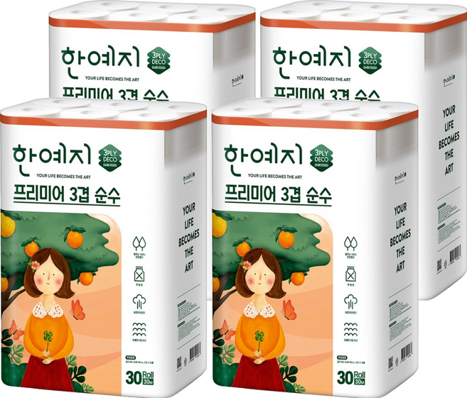 한예지 프리미어 3겹 순수 화장지, 30m, 30롤, 4세트