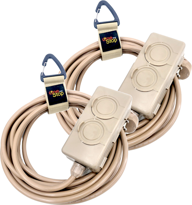 원스탑 밀리터리 캠핑 전기연장선 야외 멀티탭 2구 + 벨크로비너 랜덤발송 SEU-TK25, 베이지, 2세트, 5m