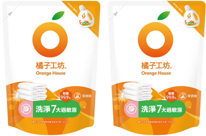 Orange House 橘子工坊 天然濃縮制菌低敏洗衣精 補充包, 1.5L, 2包