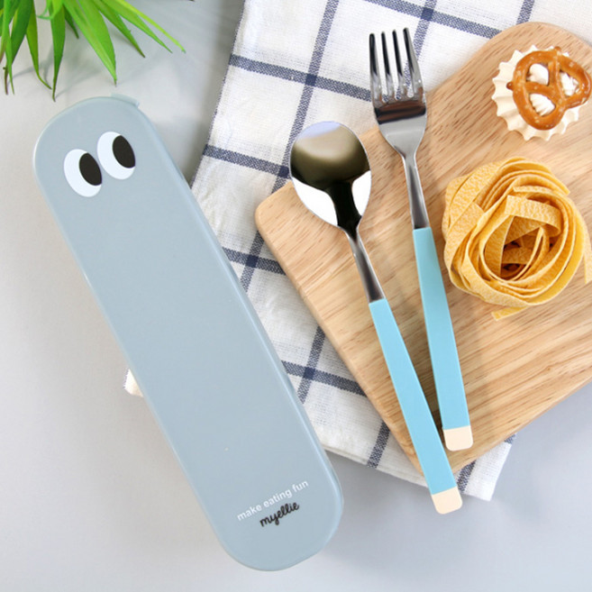 보네르 파스텔 주니어 키즈 스푼 + 포크 + 케이스 세트, 블루, 1세트, 스푼 + 포크+케이스