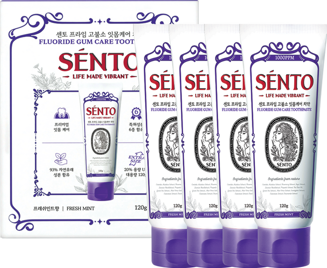 센토 프라임 고불소 잇몸케어 치약 프레쉬민트향, 120g, 4개