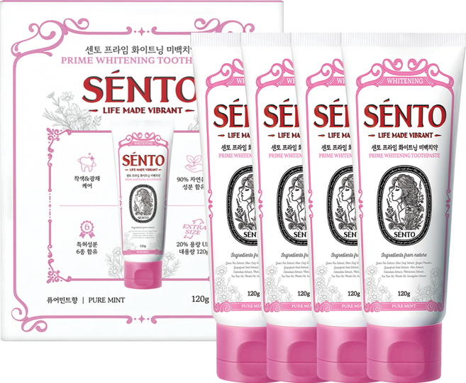 센토 프라임 화이트닝 미백 치약 퓨어민트향, 120g, 4개