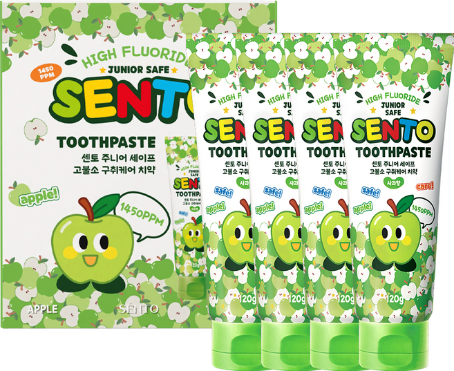센토 주니어 세이프 고불소 구취케어 어린이치약 사과향, 120g, 4개