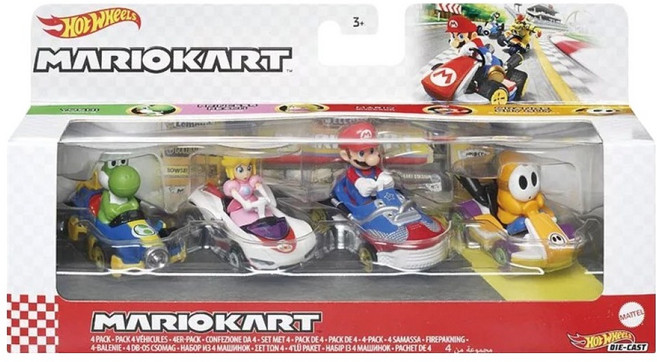 MATTEL 美泰兒 風火輪 Mario Kart 4部車, 顏色隨機, 1盒