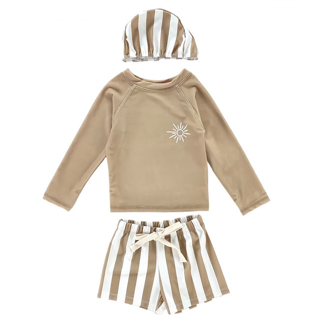 男童長袖分體泳衣組 泳衣 + 有綁帶泳褲 + 泳帽