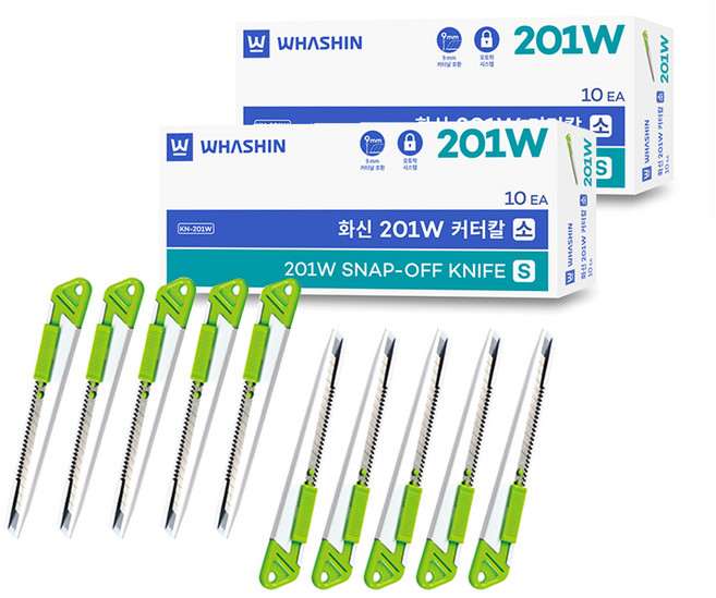 화신 스틸 커터칼 소 9mm KN-201W, 그린, 20개