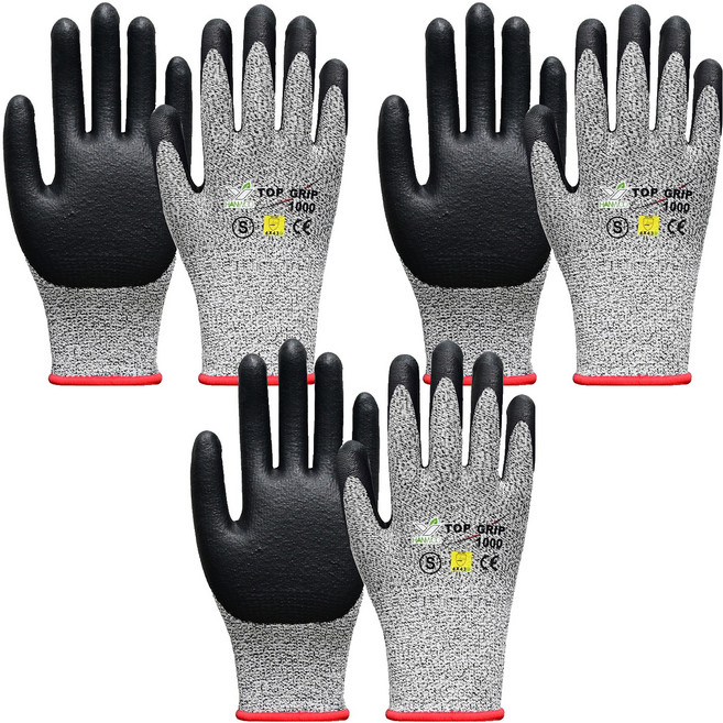 한우 탑그립 1000 CUT4 절단방지 NBR 코팅 안전장갑, 3개