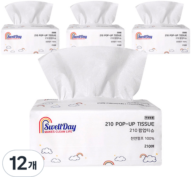 스웰데이 210 팝업 천연펄프 미용티슈 2겹, 210매입, 12개