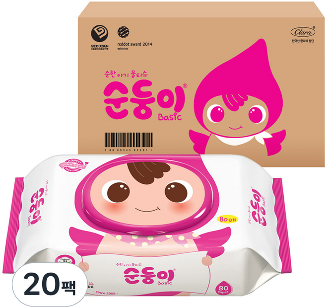 순둥이 베이직 유아물티슈 캡형, 55g, 80매, 20개