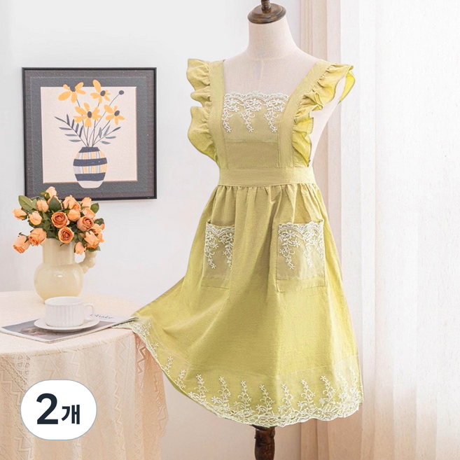 바른리빙 라플레르 프릴 앞치마 주방 카페 바리스타 앞치마, 옐로우, 2개