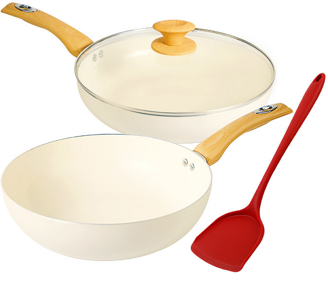 Hi CHEF 掌廚 CREAMY 28cm 雙鍋組 含鍋蓋及矽膠鏟 不挑爐具 IH電磁爐適用, 2 件平底鍋（28 公分) + 鍋蓋 + 矽膠鏟, 奶油色 + 木色 + 紅色, 1組