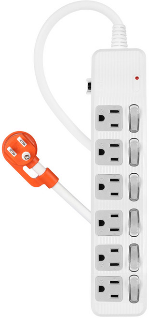 PowerSync 群加 6開6插防雷擊抗搖擺延長用電源線組 3孔, 2.7m, 白色, 1條