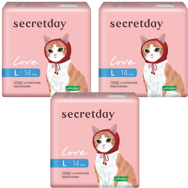 secretday 韓國原裝進口 Love系列 蝶翼衛生棉, L(29cm), 14片, 3包