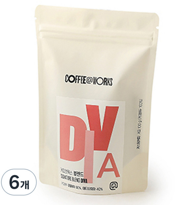 커피앳웍스 디바 커피원두, 100g, 홀빈(분쇄안함), 6개