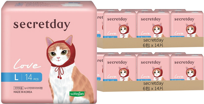 secretday 韓國原裝進口 Love系列 蝶翼衛生棉, L(29cm), 14片, 12包