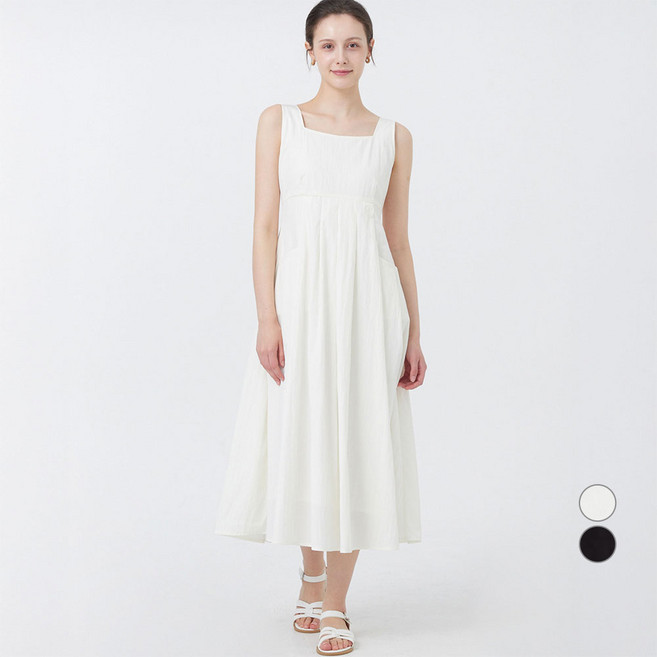 ELLE PARIS 여성용 실키 스퀘어넥 플리츠 스커트 민소매 원피스