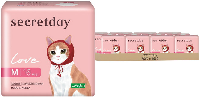 secretday 韓國原裝進口 Love系列 衛生棉 蝶翼型, M(24.5cm), 16片, 36包