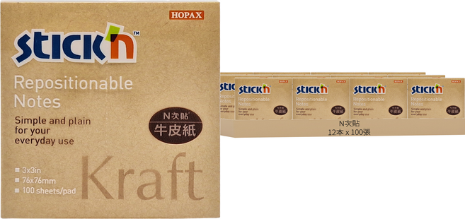 N次貼 便條本 3x3 in/76x76mm, 牛皮紙 棕色, 100張, 12組